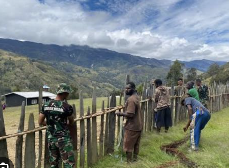 Satgas Pamtas Yonif 511 Gotong Royong Bersama Warga Bangun Pagar Rumah di Tolikara